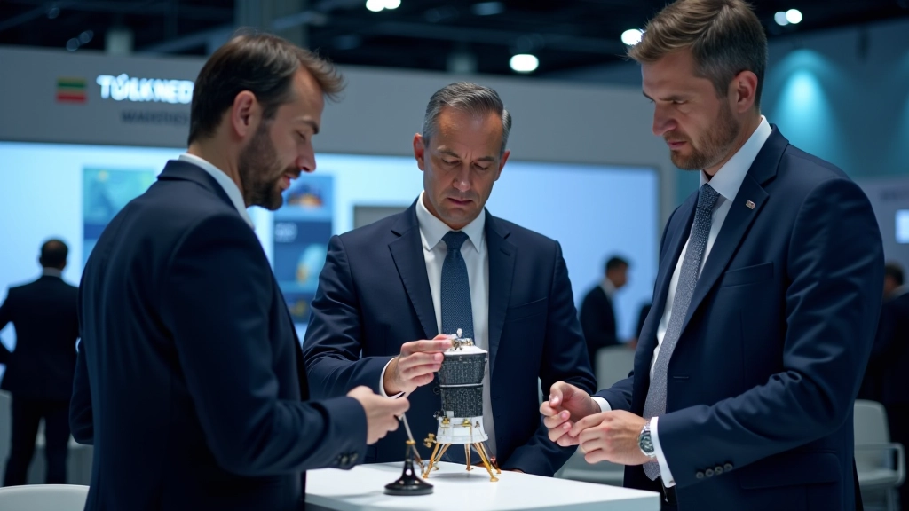 Uluslararası uzay konferansında Türk mühendisleri ve iş insanları, sergi standında uydu modelleri gösteriyor, ağ kurma anı