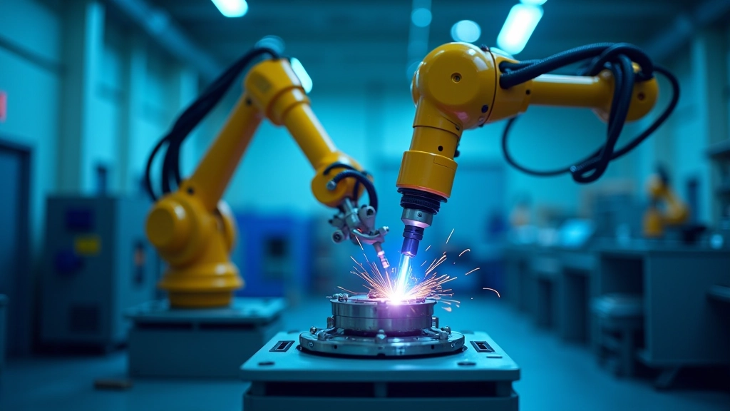 Uydu imalat fabrikasında, robotic kollar hassas elektronik parçaları monte ediyor, kameralar işlemi görüyor