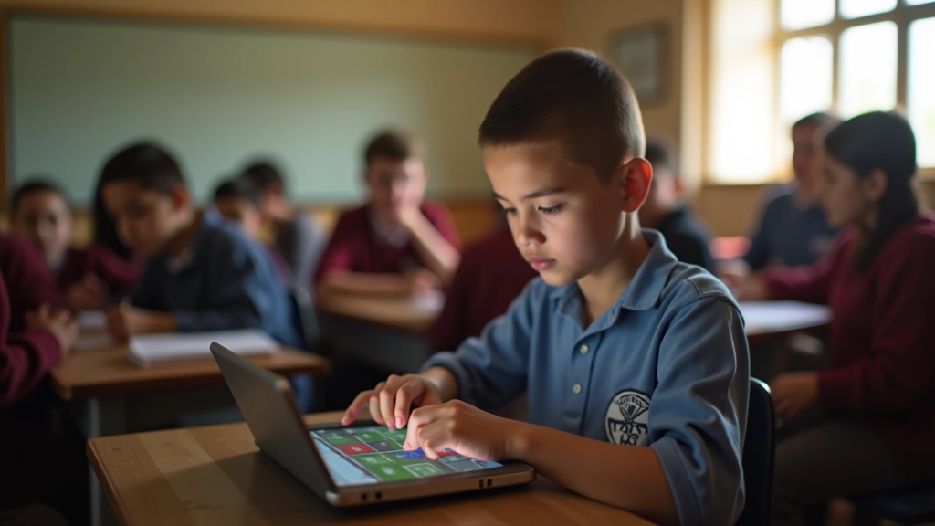 Köy okulunda internet bağlantısı alan öğrenci tablet üzerinde ders izliyor, kırsal alan sınıfı