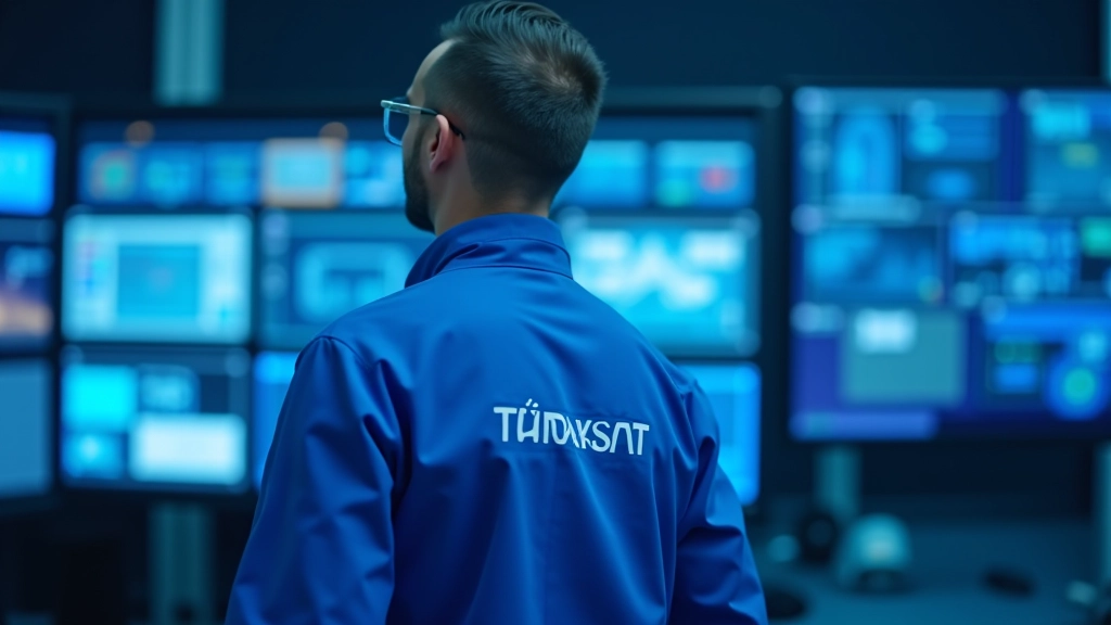 Modern uydu haberleşme merkezinde teknikler ekran panellerinin önünde çalışıyor